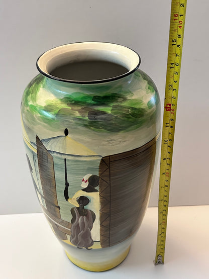 Barrington Collection 14" Hand-Painted Ceramic Vase - African Village Narrative Scene 14