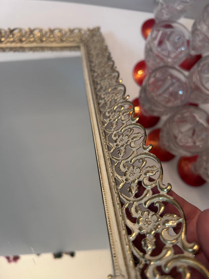 9-Pc Hollywood Regency Ruby Cut-to-Clear Decanter & Ormolu Mirrored Tray Set