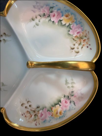 Antique Prussia Signed R.S. Germany Hand Painted Floral Three-Part Serving Dish