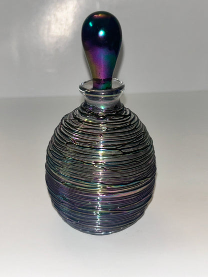 Michael Glass (5.5”) Hand-Blown Iridescent Art Glass Perfume Bottle – Purple/Green Trailing Wrap