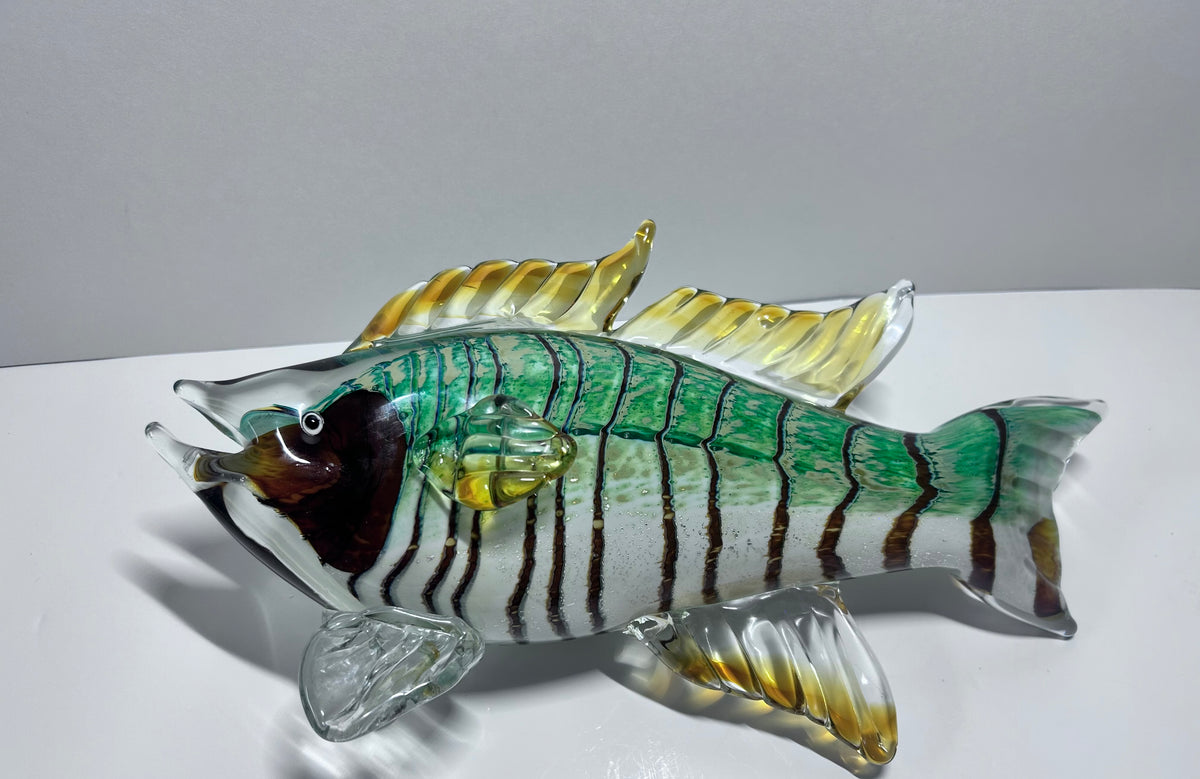 Vintage Hand-Blown Art Glass Fish Sculpture - Green & Amber -Large (13" × 8")