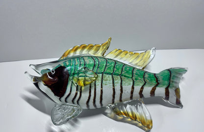 Vintage Hand-Blown Art Glass Fish Sculpture - Green & Amber -Large (13" × 8")