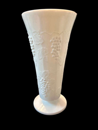 Vintage Milk Glass 3-Piece Set: Grape & Leaf Pedestal ( 8”)Vase with Matching Taper Candle
Holders