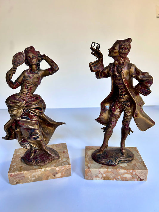 Elegant Pair of Vintage Rococo Court Figurines on Marble Bases