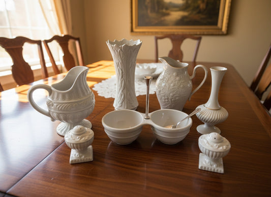 Vintage LENOX 7-Piece Ivory/White Embossed Porcelain Set | Pitcher, Vases, Cruet, Salt & Pepper