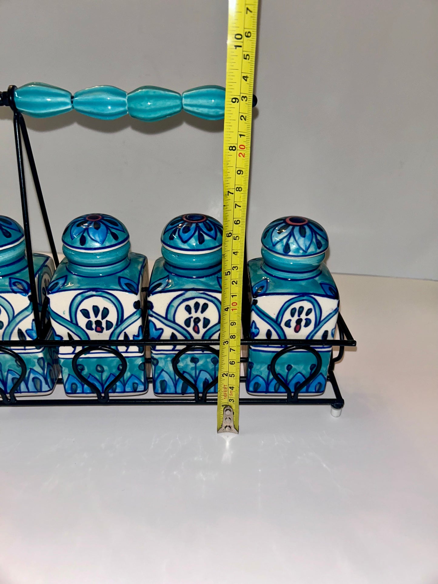 Artisan Hand-Painted Blue & White Indian Ceramic Spice Jar Set (4 Jars) w/ Metal Caddy