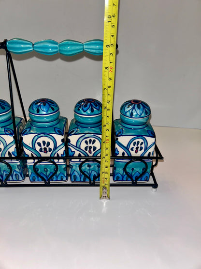 Artisan Hand-Painted Blue & White Indian Ceramic Spice Jar Set (4 Jars) w/ Metal Caddy
