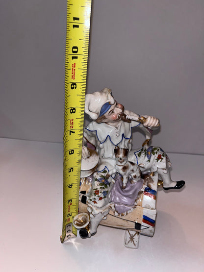 Antique German Porcelain Figurine Biscuit Barrel Jester & Dog Trinket Lidded Box