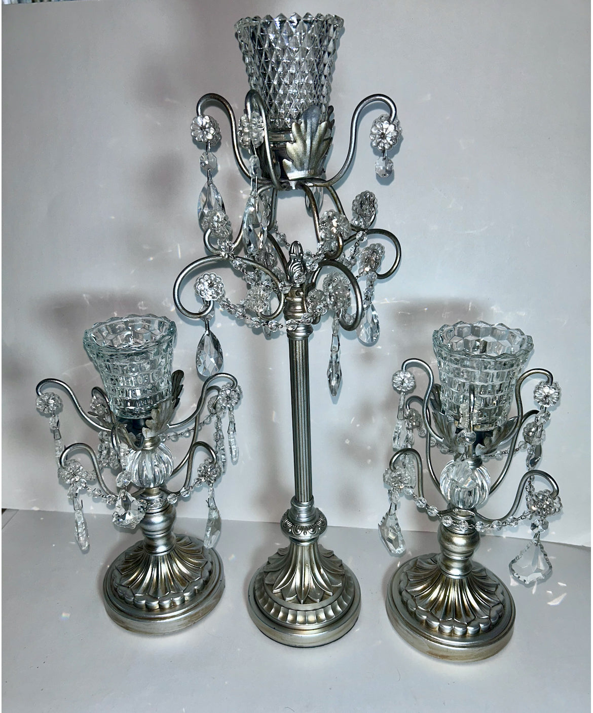 3-Piece Silver Chandelier Candelabra Set with Hurricane Cups | Elegant Wedding Centerpieces