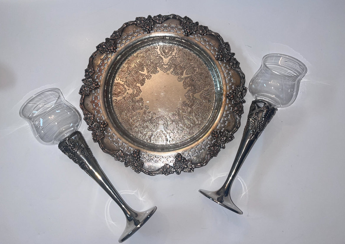 Antique Sheffield Silver-Plated Tray with Goblets