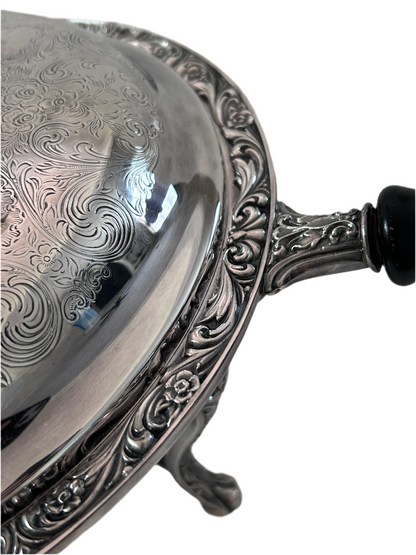 Antique Chafing Dish Victorian Roses Design Silver Plated Over Copper (5 Pieces)