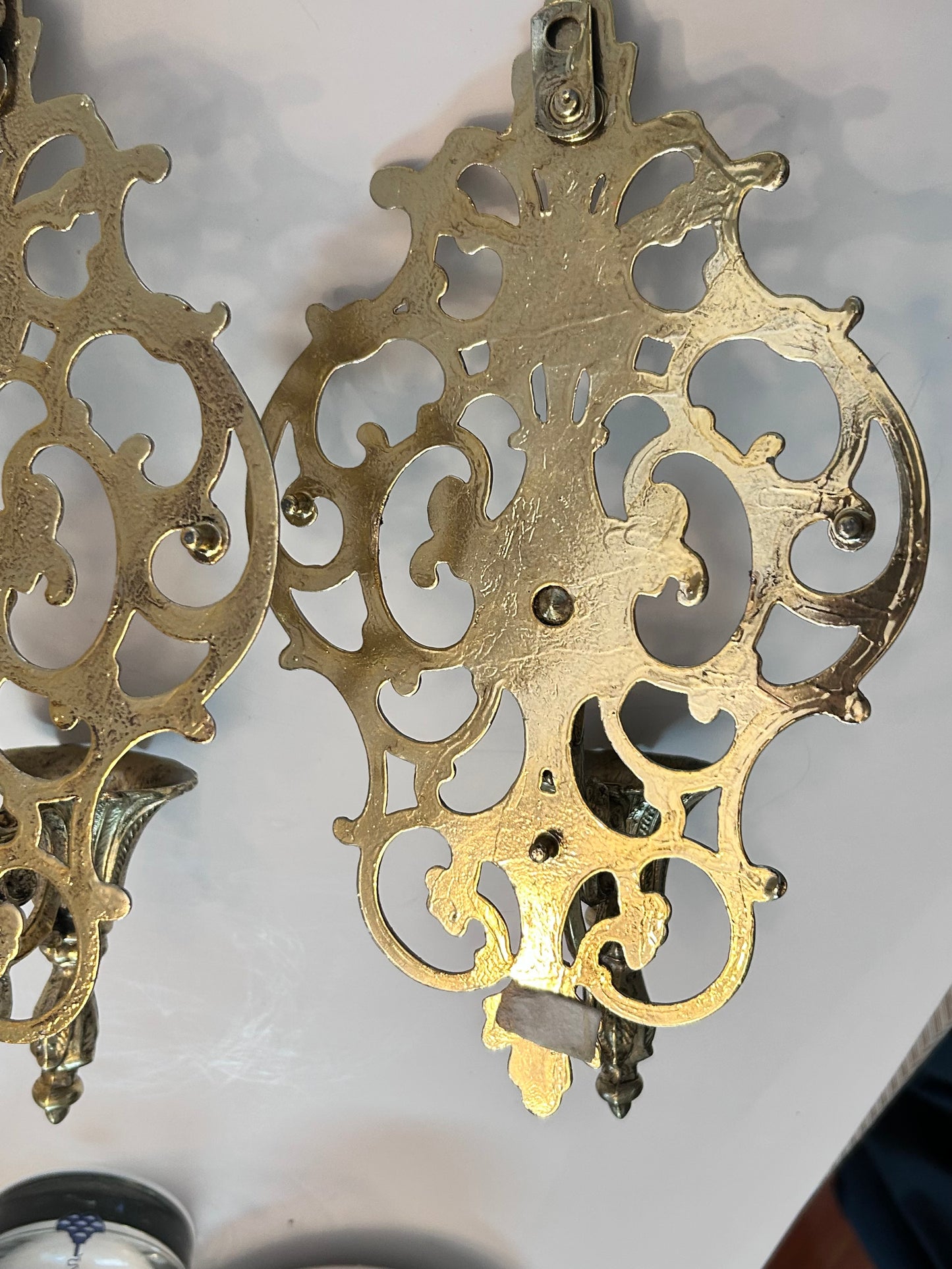 Pair of Vintage Mid Century Filigree Brass/Brass Plated Wall Sconces Candle Holders, French Rococo Style