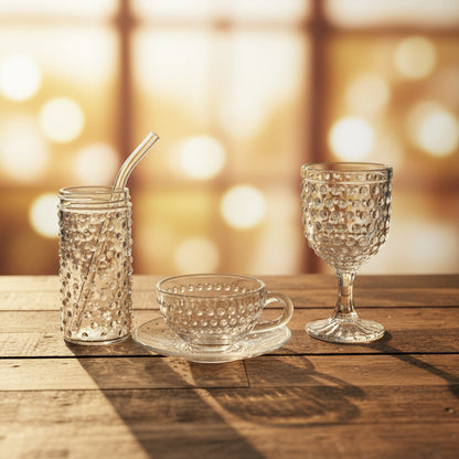 Clear Hobnail Glassware 4-Piece Set - Goblet, Tumbler with Glass Straw, Teacup & Saucer - Made in Portugal