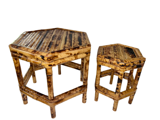 Vintage Burnt Bamboo Hexagonal Plant Stands Nesting Table Raisers (Set of 2)