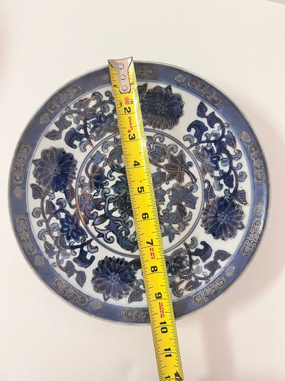 Unique Chinese Blue & White Golden Details Hand Painted Decorative Plate