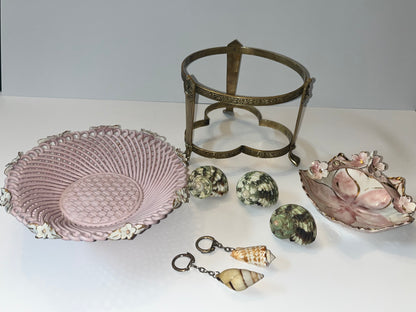 Antique Victorian Brass Stand with Capodimonte Style Bowls & Seashell Collection