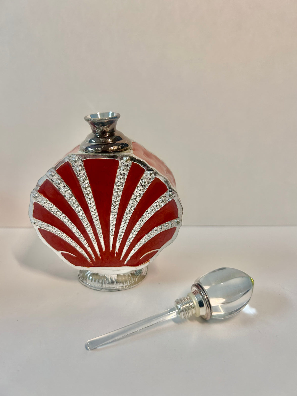 Vintage 3-Piece Red Enamel & Silver-Tone Shell Vanity Set - Perfume Sprinkler, Powder Jar & Dabber Bottle