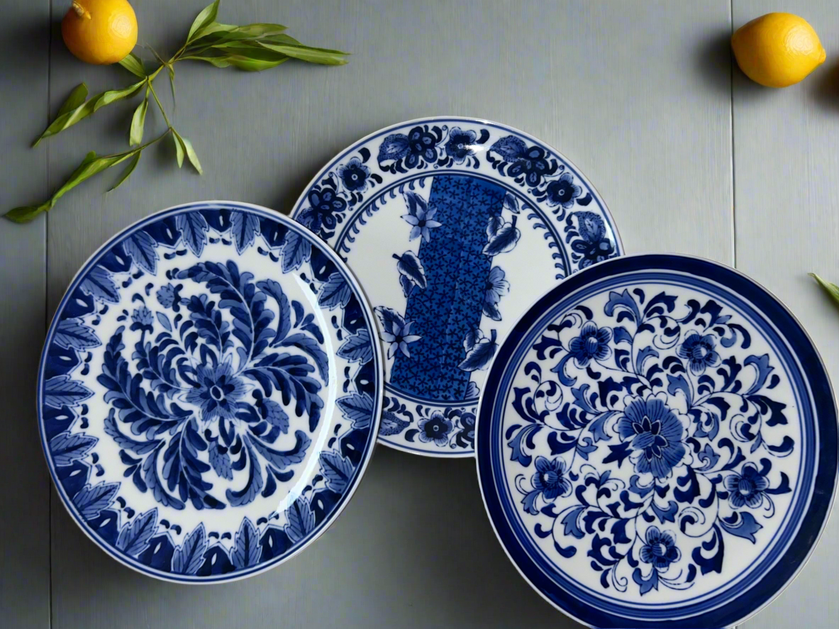 Blue and White Plates Mixed Floral & Asian-Inspired Patterns (Set of 3)