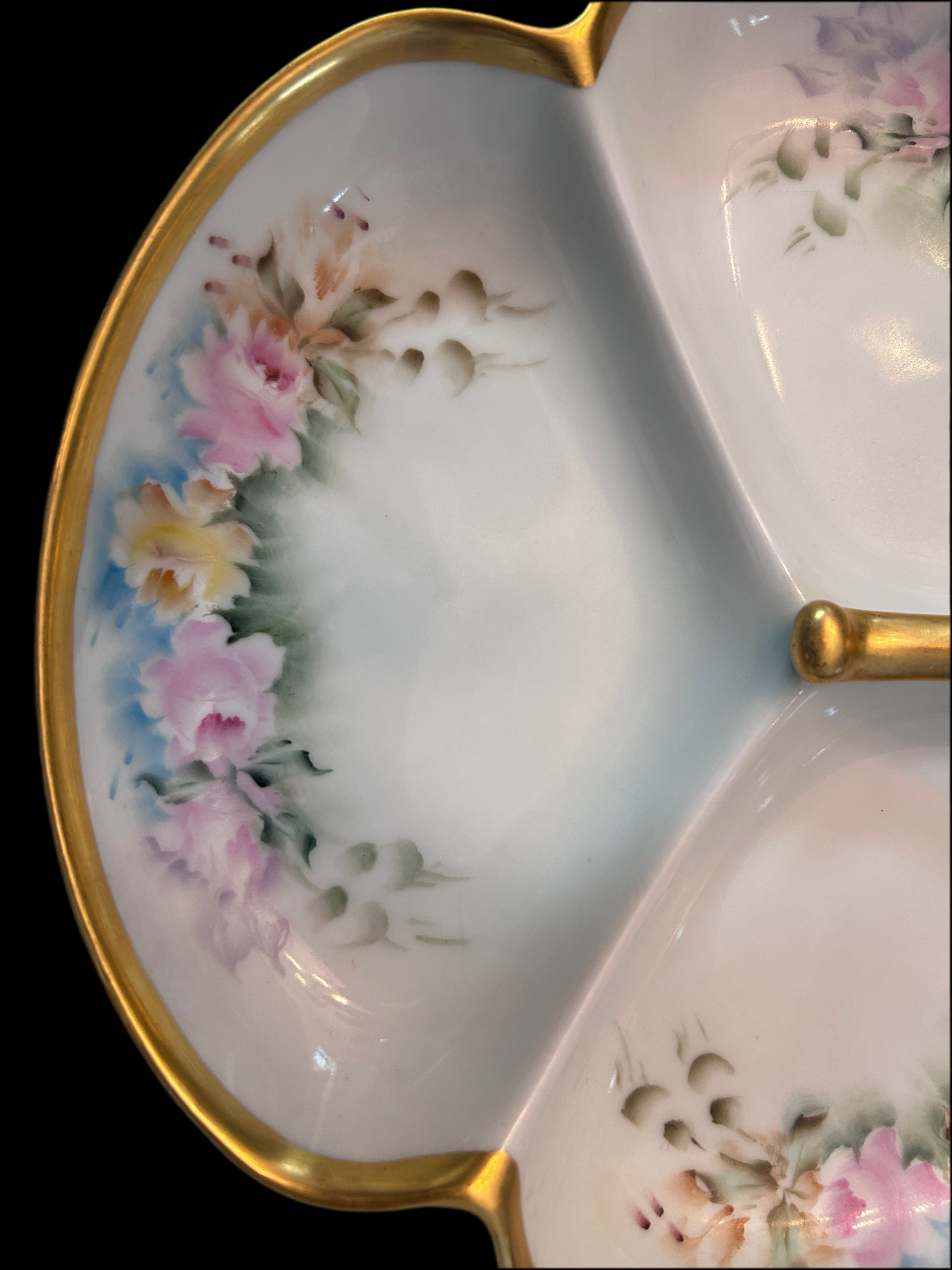 Antique Prussia Signed R.S. Germany Hand Painted Floral Three-Part Serving Dish