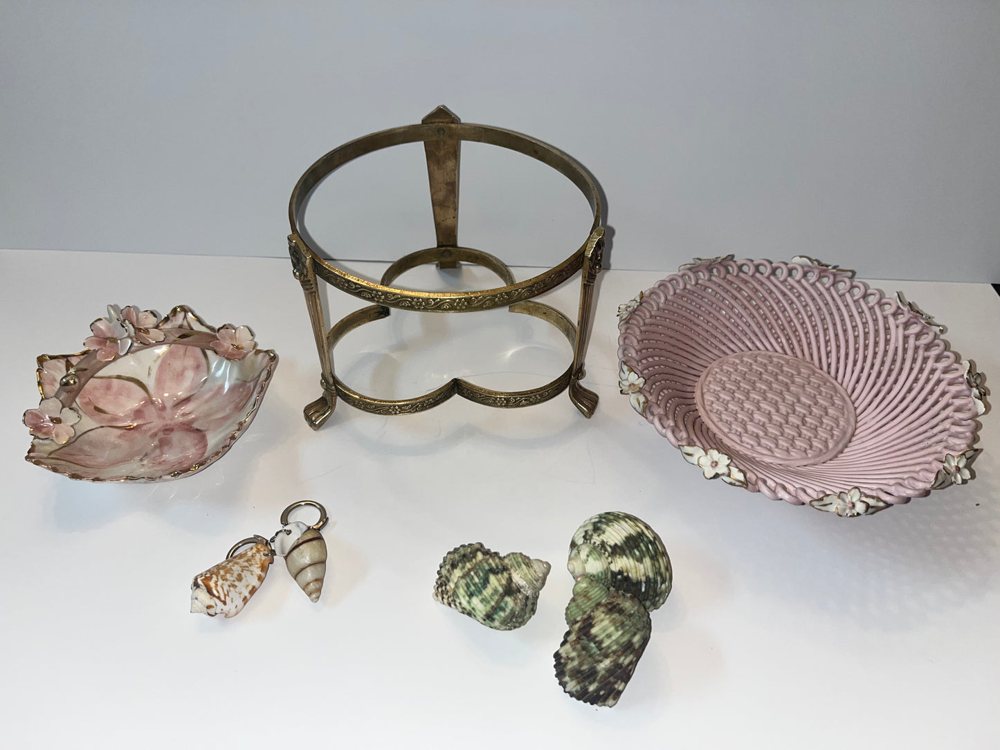 Antique Victorian Brass Stand with Capodimonte Style Bowls & Seashell Collection