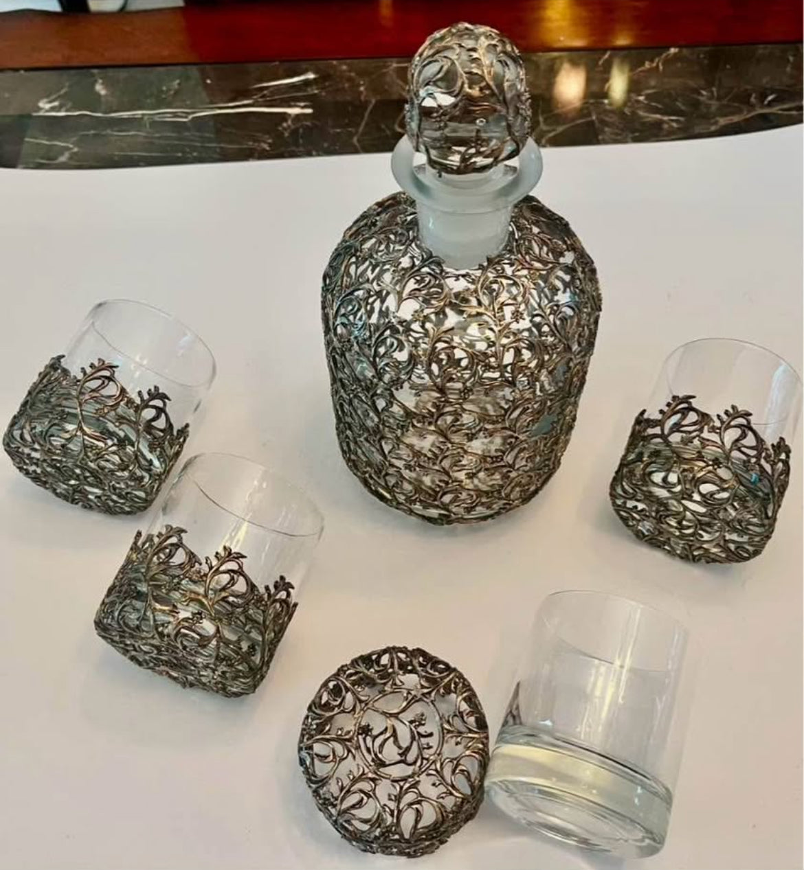 Ornate Silver-Plated Decanter Set with Matching Glasses + Bonus Mid-Century French Basket