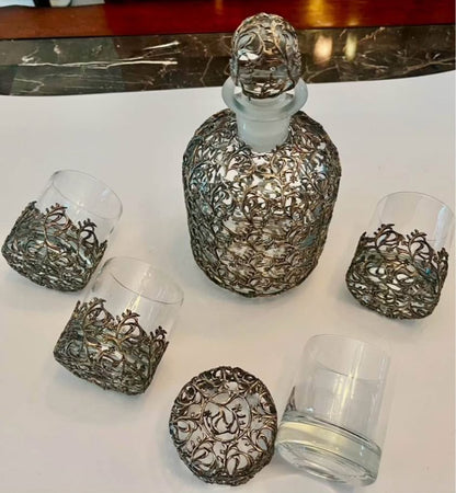 Ornate Silver-Plated Decanter Set with Matching Glasses + Bonus Mid-Century French Basket