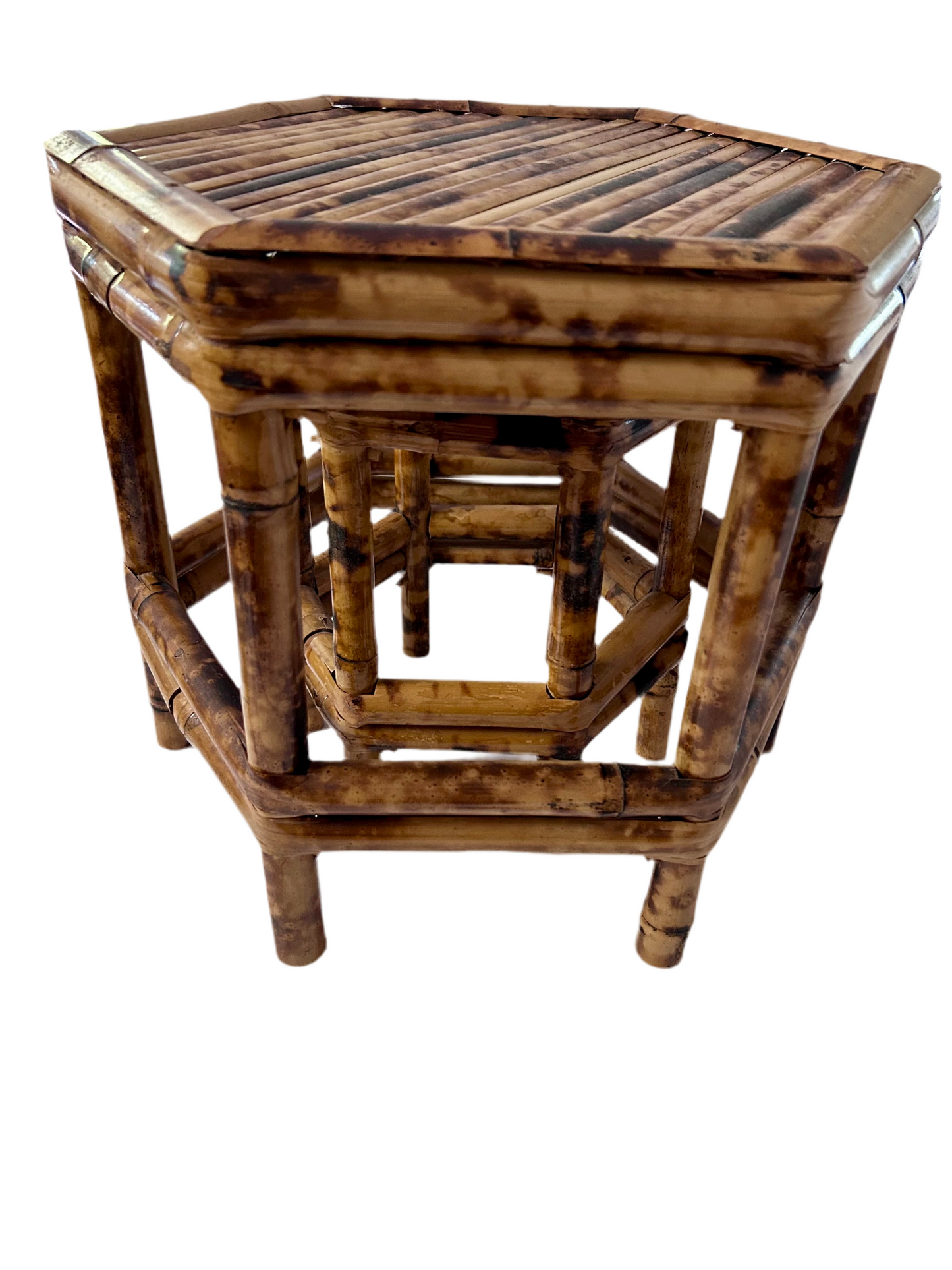 Vintage Burnt Bamboo Hexagonal Plant Stands Nesting Table Raisers (Set of 2)