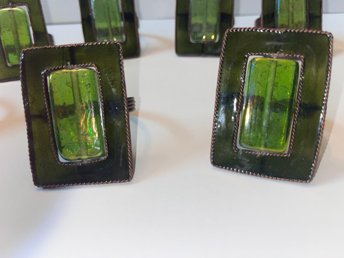 Vintage Pier One Artisan Green Dichroic Glass Napkin Rings (Set of 9)