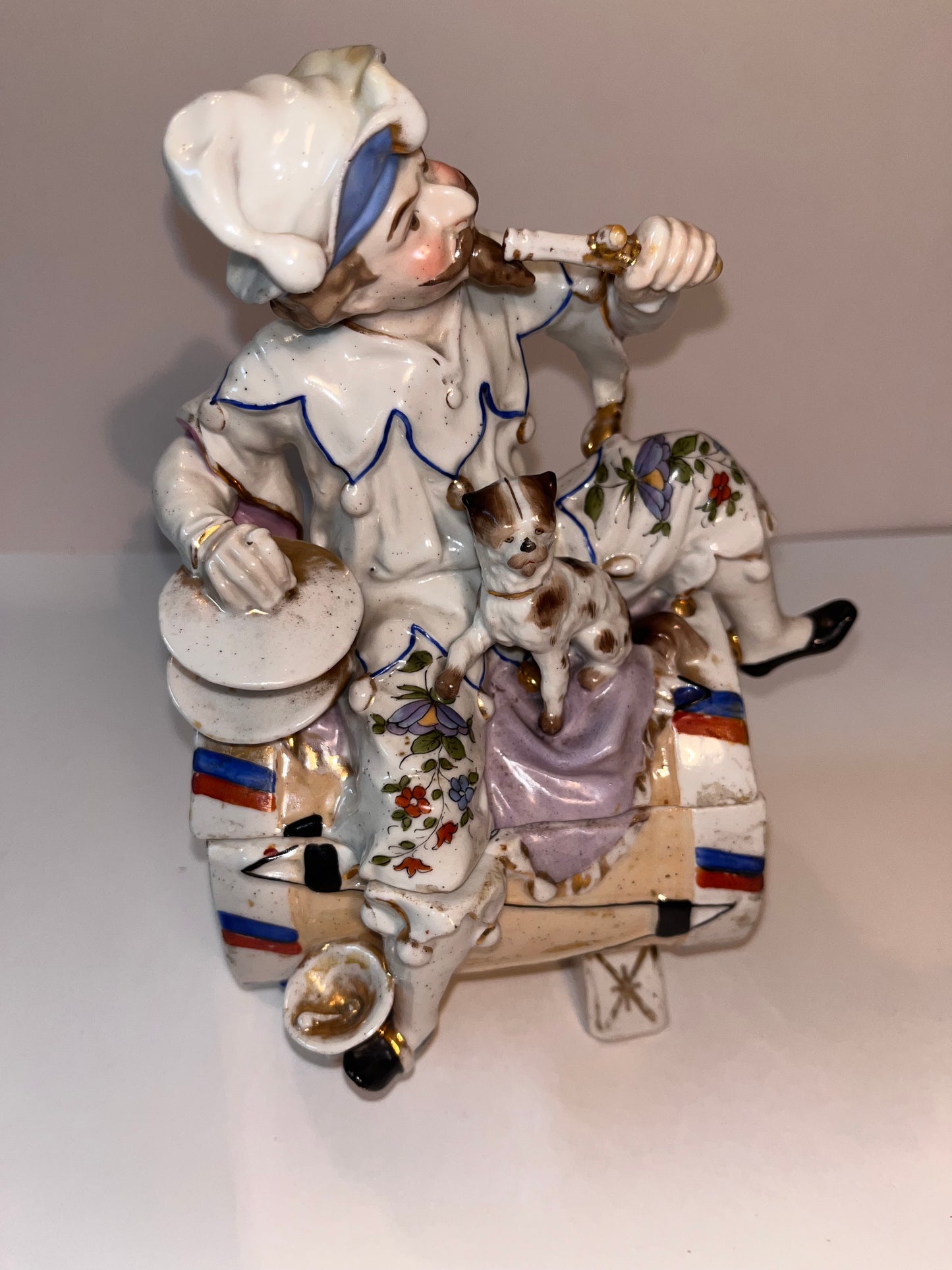 Antique German Porcelain Figurine Biscuit Barrel Jester & Dog Trinket Lidded Box