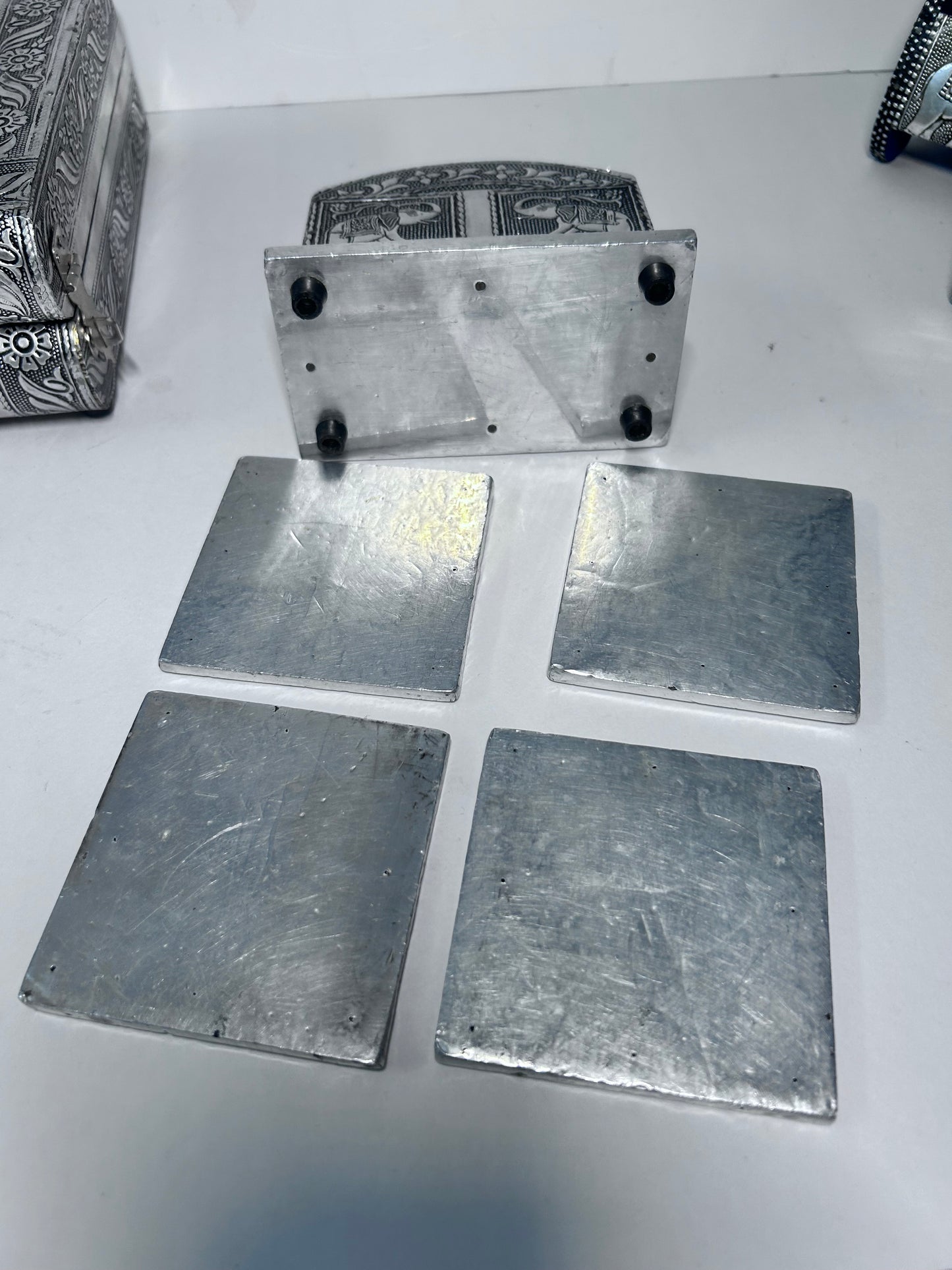 Vintage 4-Piece Handcrafted Embossed Silver Vanity & Jewelry Box Set w/ Coasters