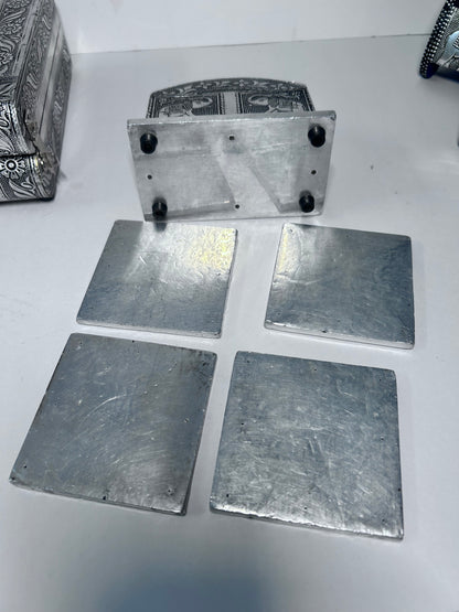 Vintage 4-Piece Handcrafted Embossed Silver Vanity & Jewelry Box Set w/ Coasters