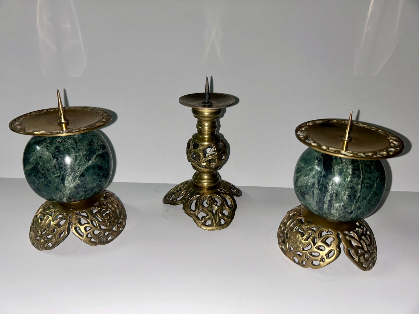 Vintage Dark Green Marble and Bronze Filigree Candle Holders(Set of 2)