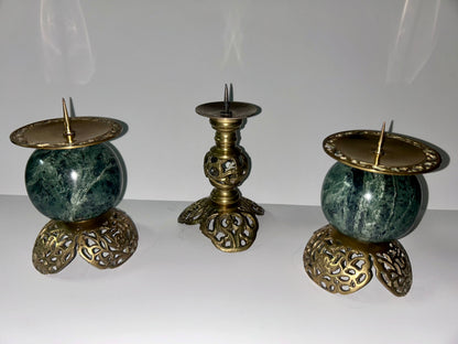 Vintage Dark Green Marble and Bronze Filigree Candle Holders(Set of 2)