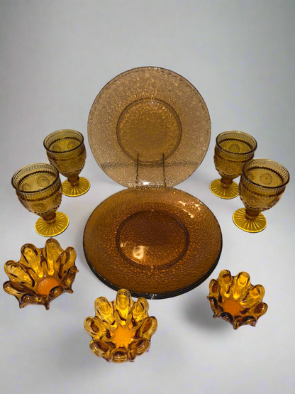 Vintage-Inspired Amber Glass Dinnerware Set (11 PCS): Pier 1 Textured Plates, Rosanna
'Parisian' Goblets & Ruffled Nesting Dishes