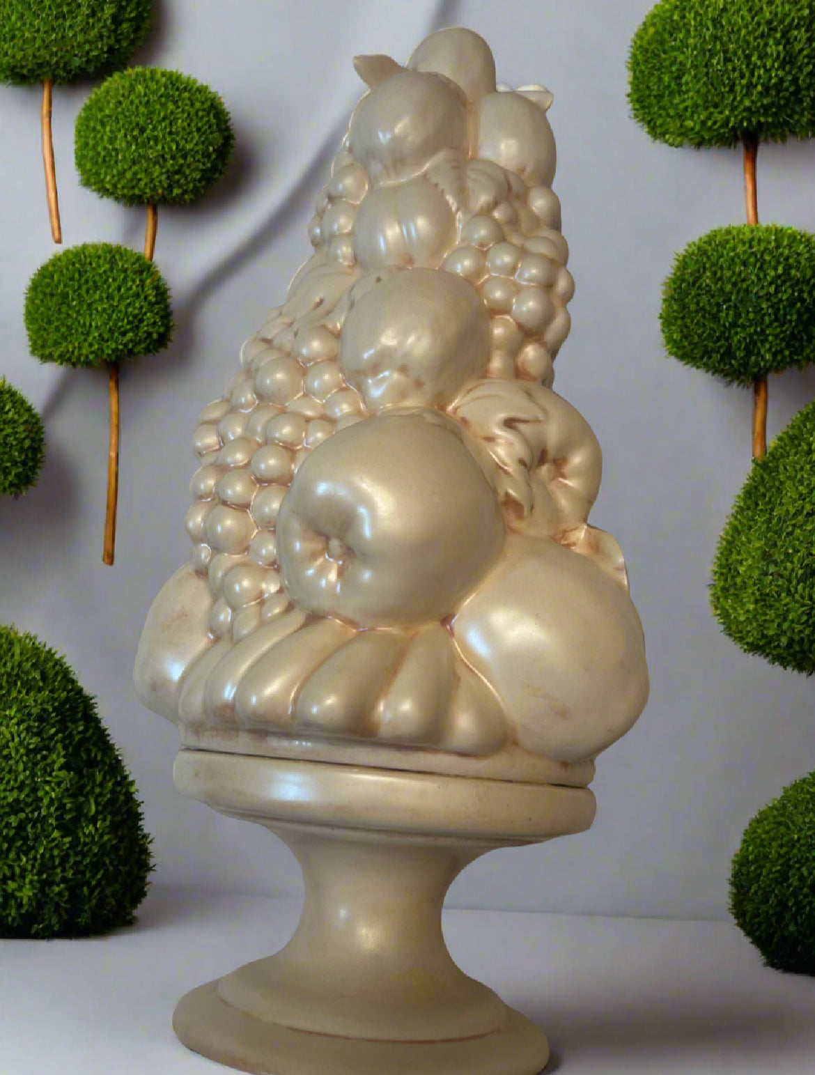 Authentic Treasure (16")
Beautiful 1964 Ceramic Pearl
Fruit Topiary Centerpiece, signed "PAT"