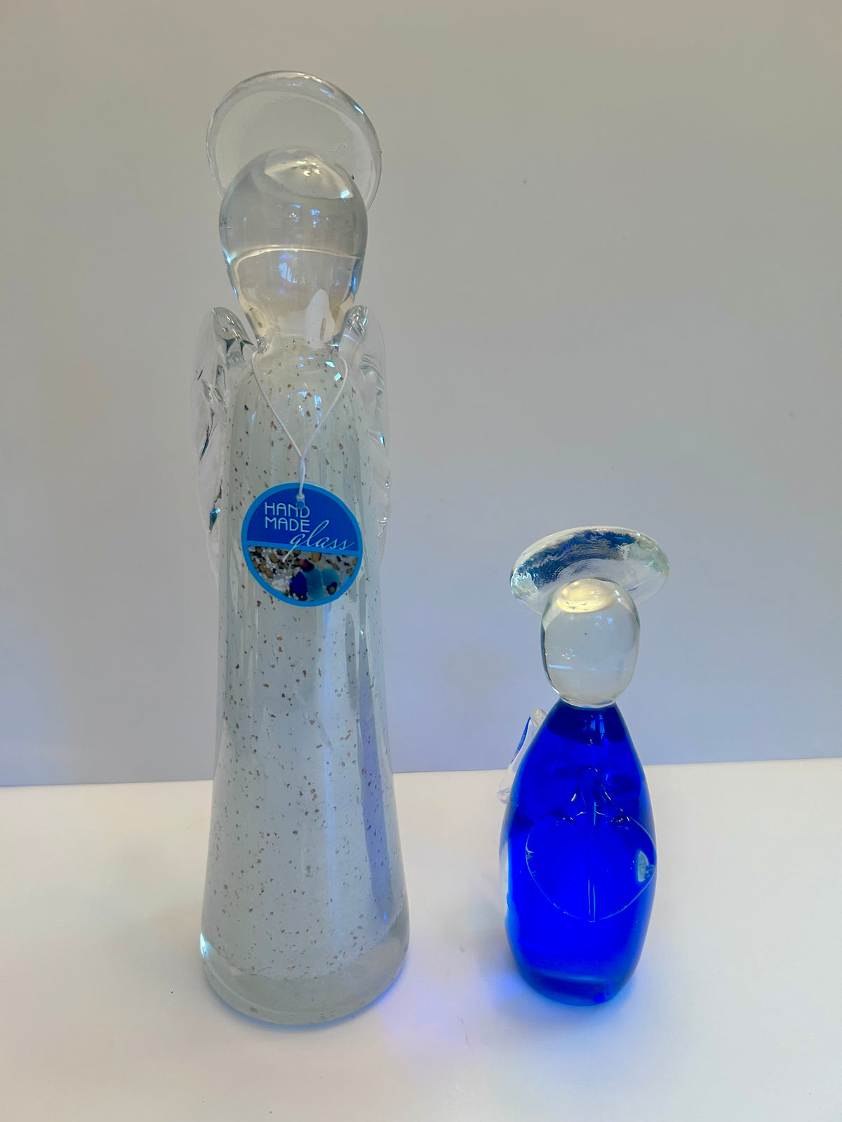Hand-Blown Art Glass Angel
Figurines - Clear Speckled & Cobalt Blue Set
