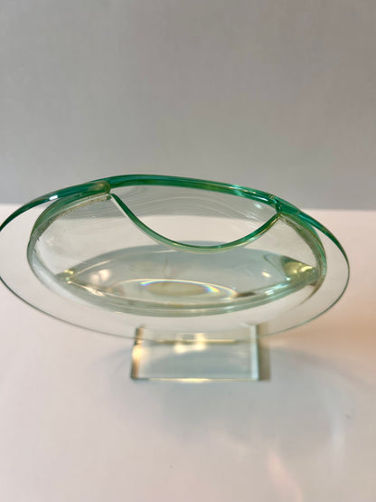 Unique Vintage Sculptural Green-Tint Art Glass "Floating Orbit" Vase (8.25”)Modernist Art Piece