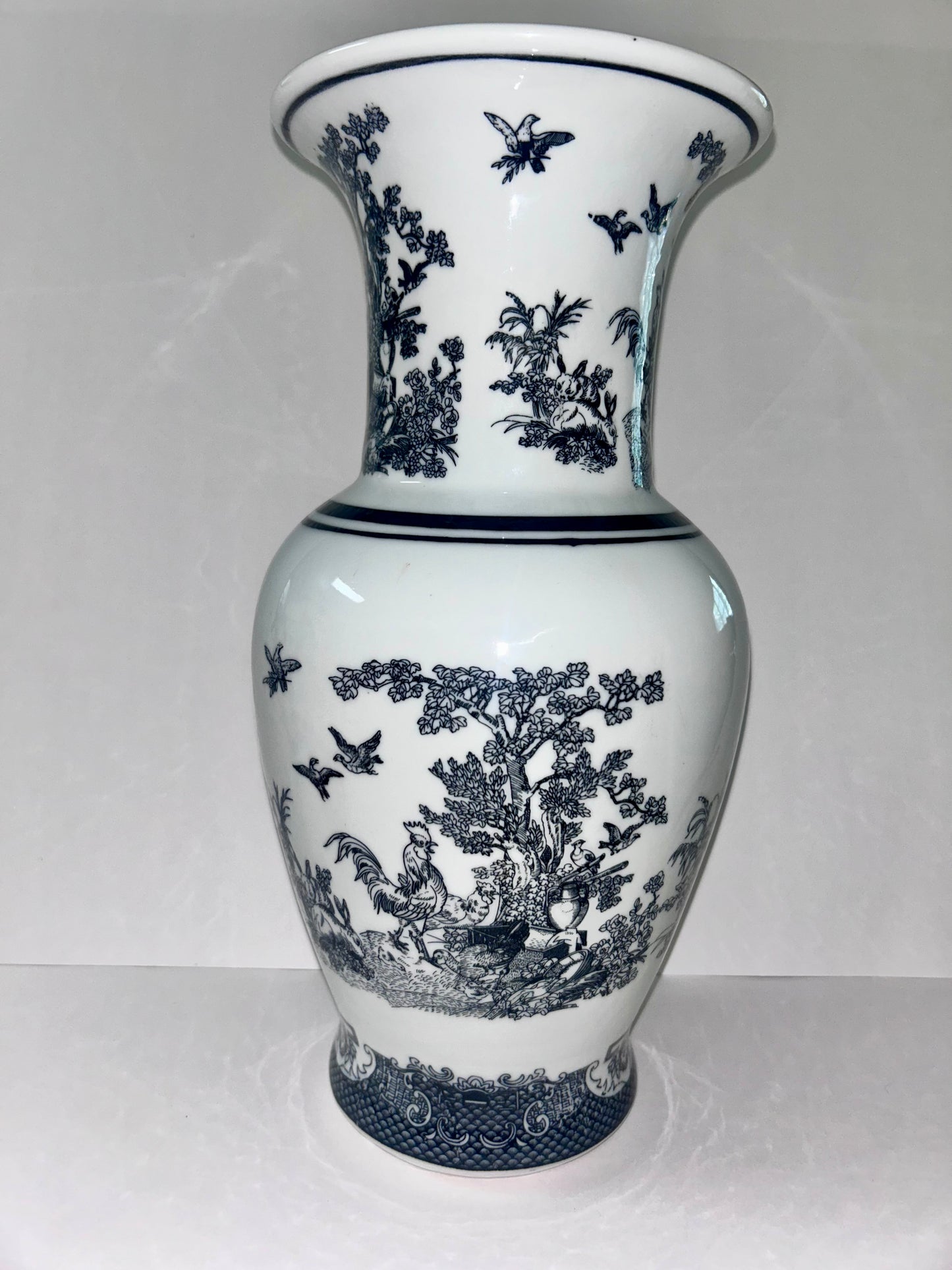 Vintage Black and White Porcelain Chinoiserie Vase - Rooster, Hen, & Rabbit Motif (14”)