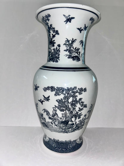 Vintage Black and White Porcelain Chinoiserie Vase - Rooster, Hen, & Rabbit Motif (14”)