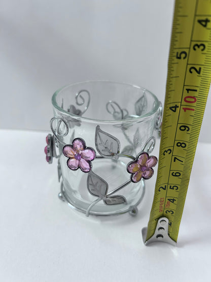 Vintage Stained Glass Candle Holder Lot (Set of 4) - Pink Flower with Blue Butterfly, Angel, Fairy Garden & Jeweled Votive Cup