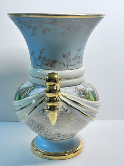 Vintage Abingdon Pottery USA Gold & Powder Blue Urn Vase - Fragonard Courting Couple
(#563)