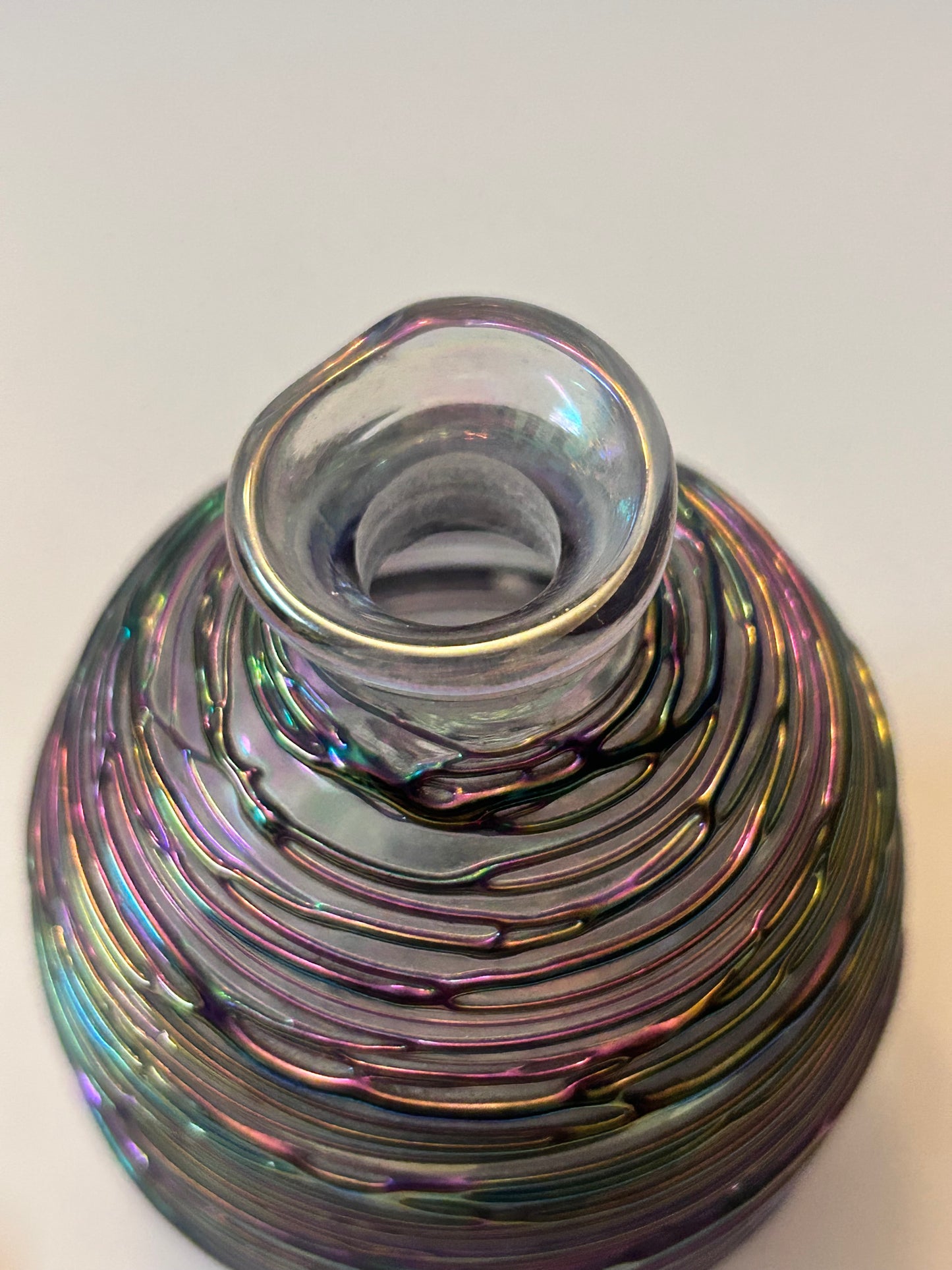 Michael Glass (5.5”) Hand-Blown Iridescent Art Glass Perfume Bottle – Purple/Green Trailing Wrap