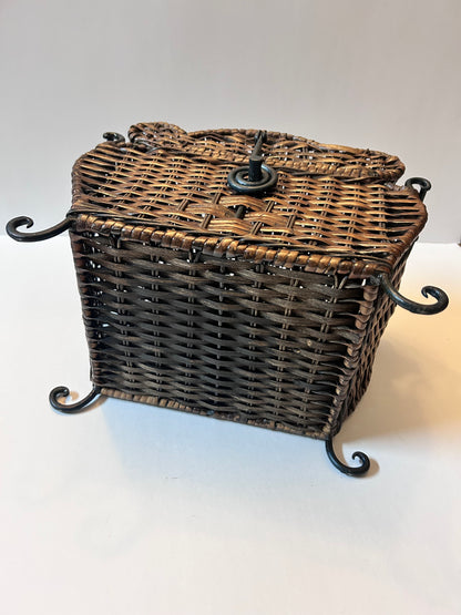 Vintage Woven Wicker Chest with Wrought Iron Scroll Feet & Twisted Metal Handles