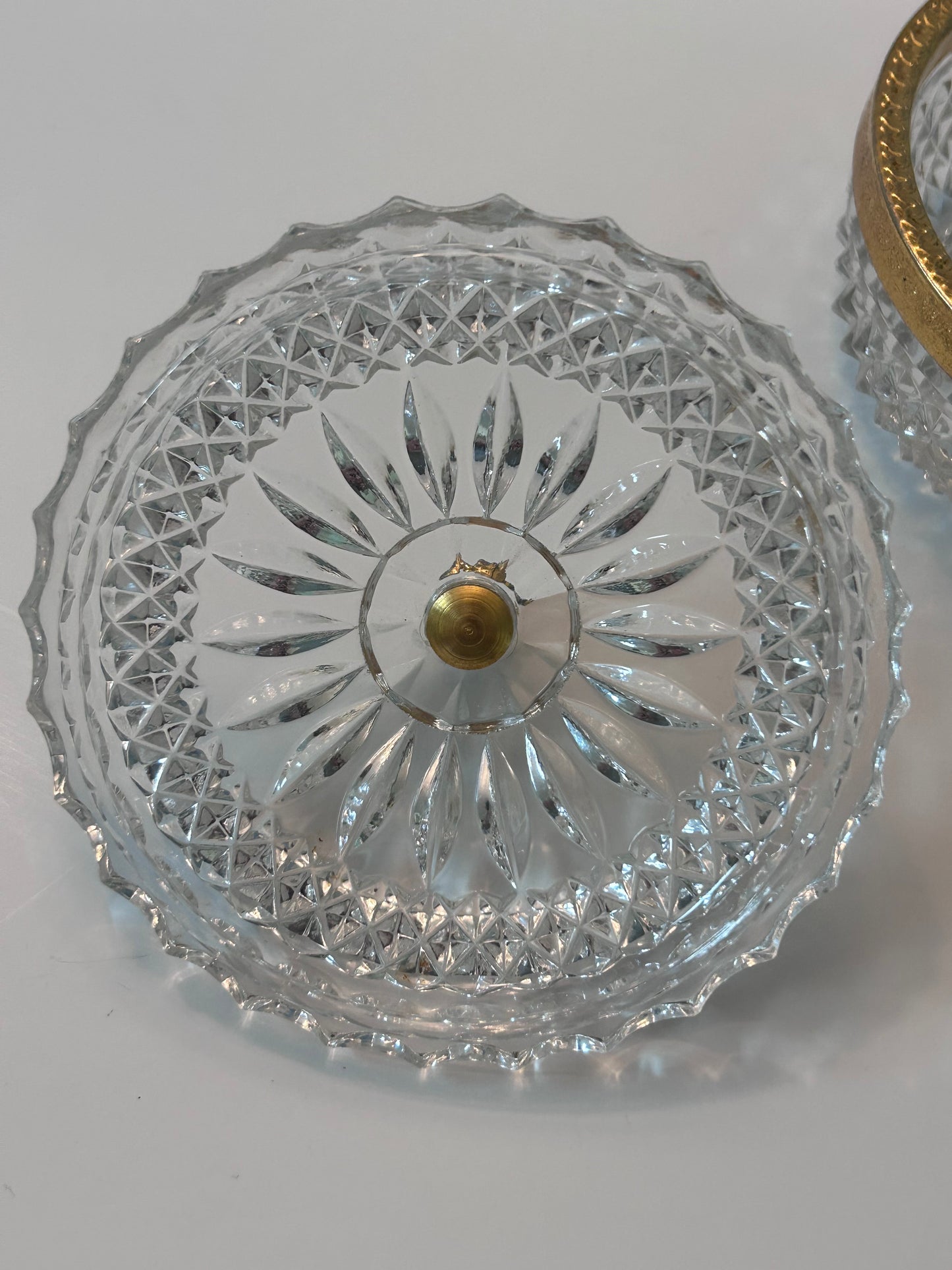 Vintage Baccarat Style Diamond Cut Crystal (4.5”) Candy Dish/ Powder Box with Gilt Bronze Rim