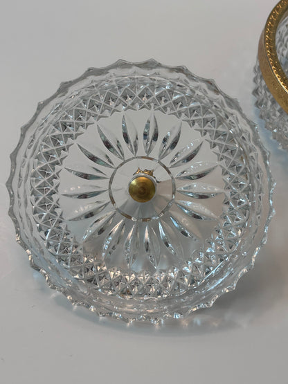 Vintage Baccarat Style Diamond Cut Crystal (4.5”) Candy Dish/ Powder Box with Gilt Bronze Rim