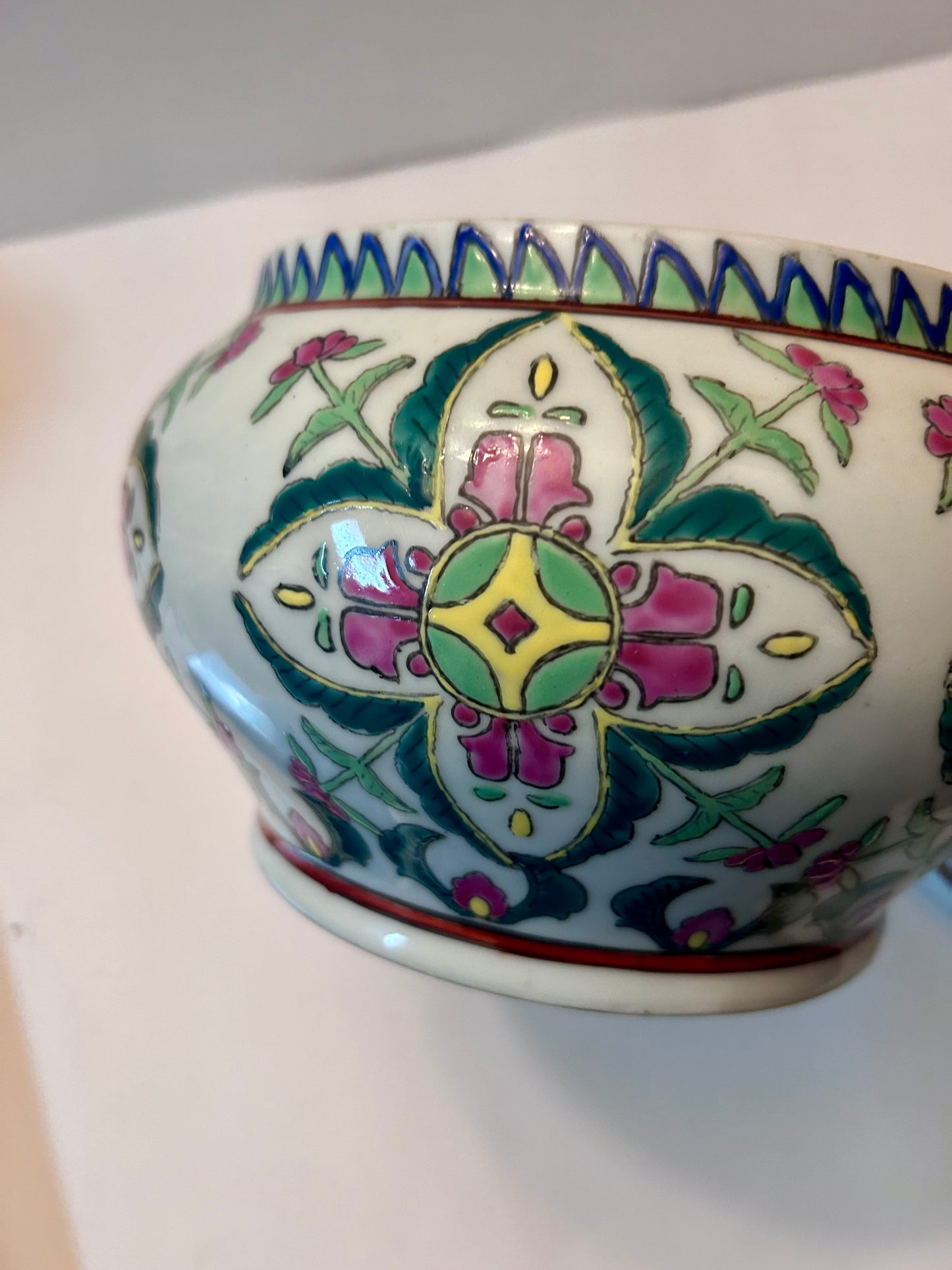 Antique Chinese Famille Rose (8”)Porcelain Covered Bowl with Foo Dog Finial