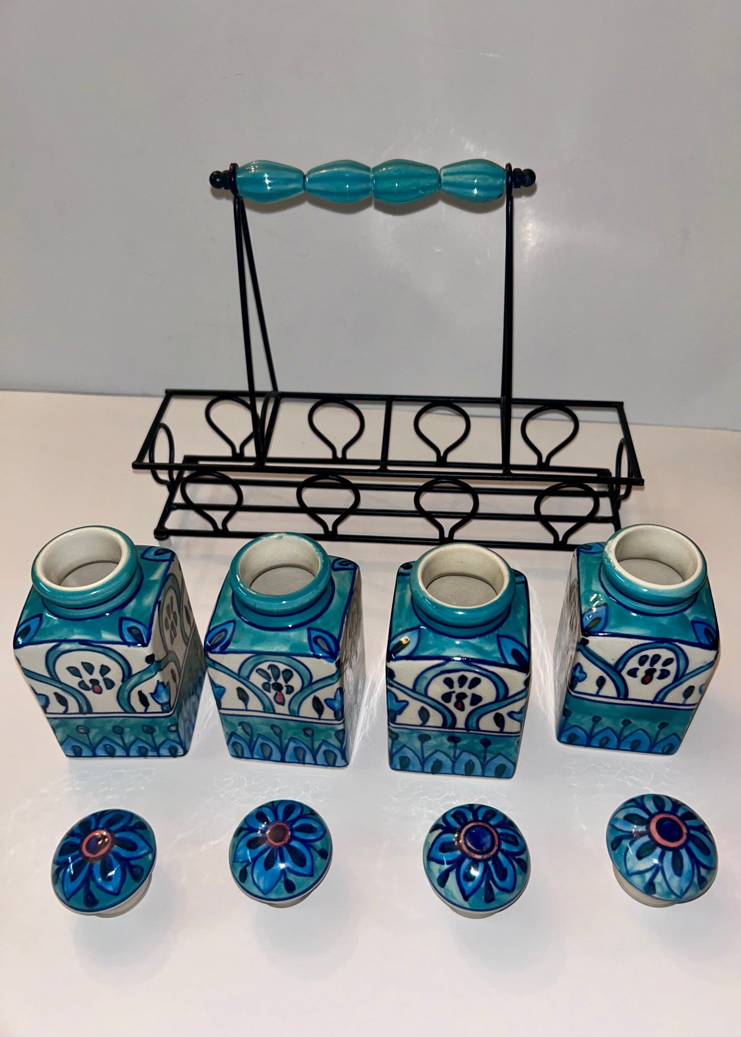 Artisan Hand-Painted Blue & White Indian Ceramic Spice Jar Set (4 Jars) w/ Metal Caddy