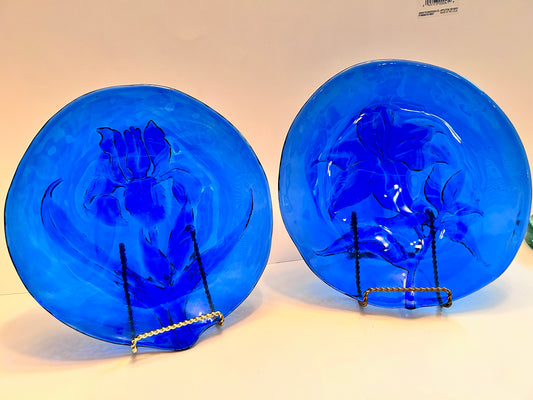Vintage Art Glass Plates/Bowls (Set of 2) - Embossed Iris & Lily Flower Design - Decorative Serving Dishes