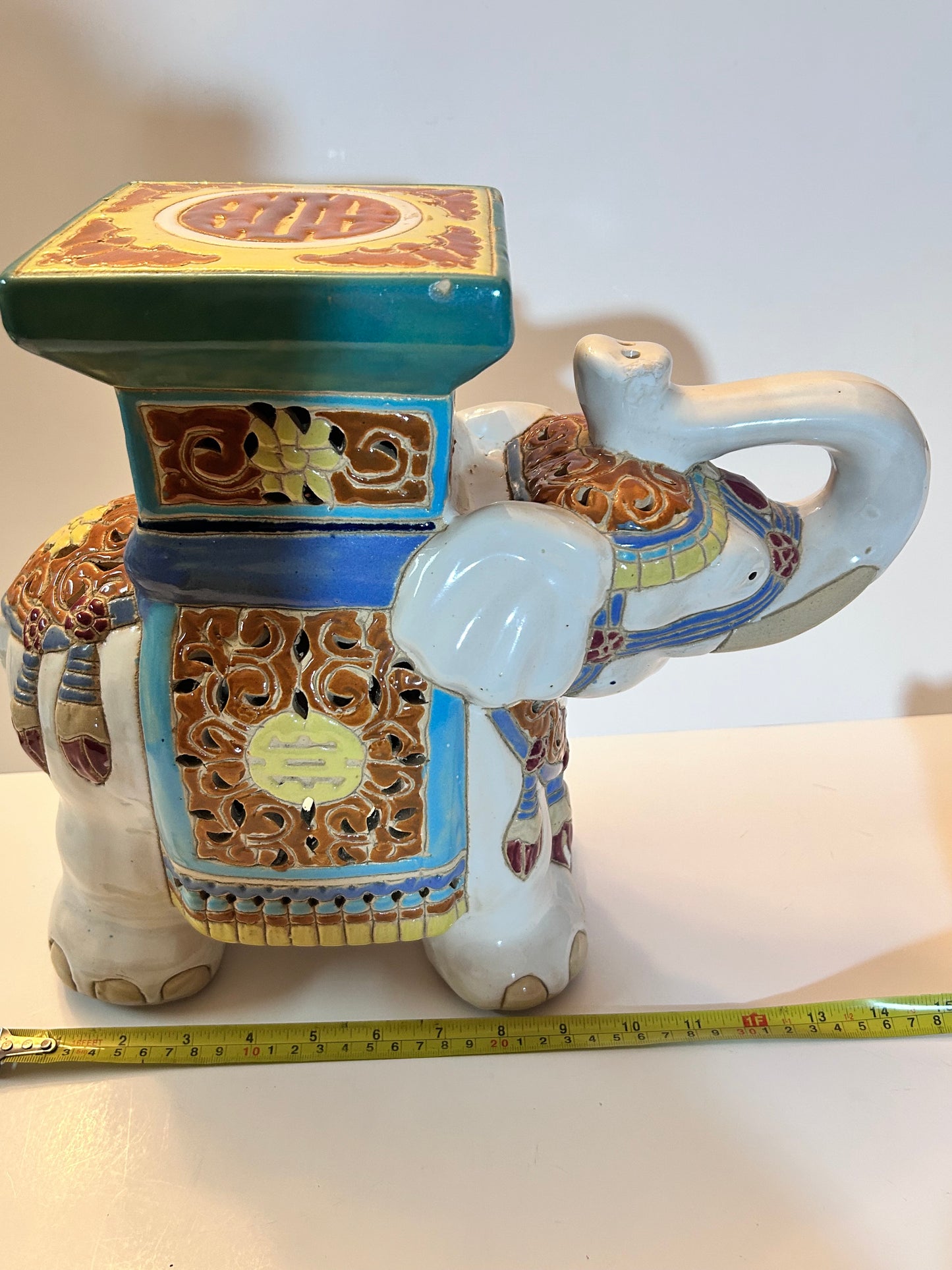 Vintage Chinese Export Style Ceramic Elephant Garden Stool / Plant Stand, 12”Tall, Chinoiserie Decor