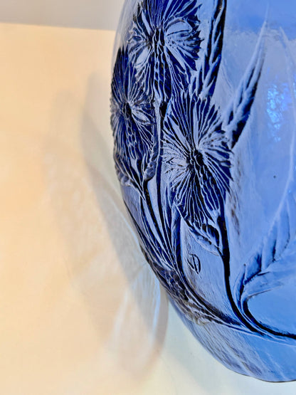 Pair of Hand Crafted Art Glass Cobalt Thistle Motif Plates/- Signed "TD" (8.5”)